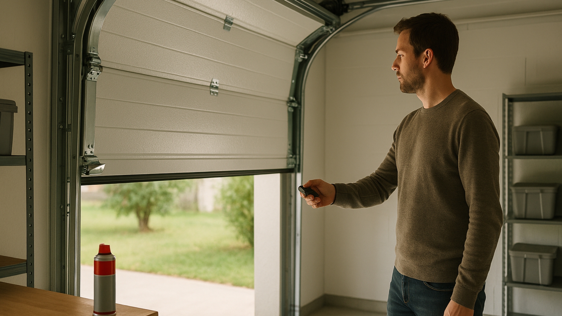 A homeowner testing garage door after lubrication and maintenance