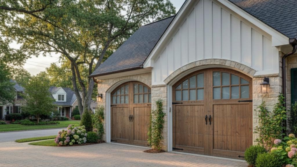 Beautiful new garage doors with a wood finish and decorative windows on a modern home