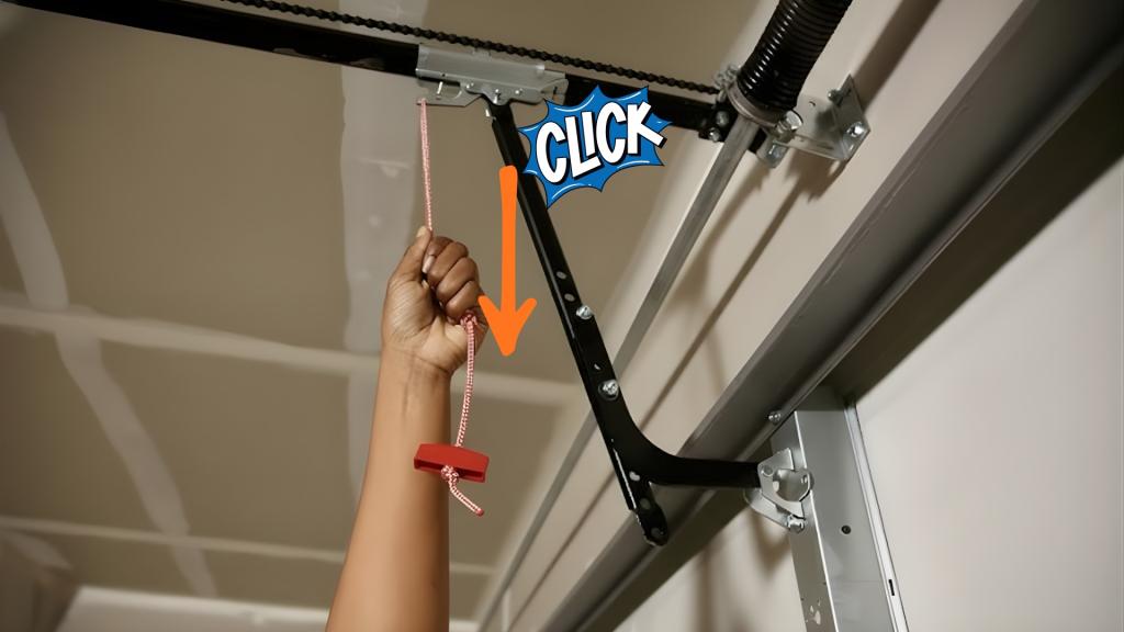 Hand pulling the garage door emergency cord to disengage the opener.
