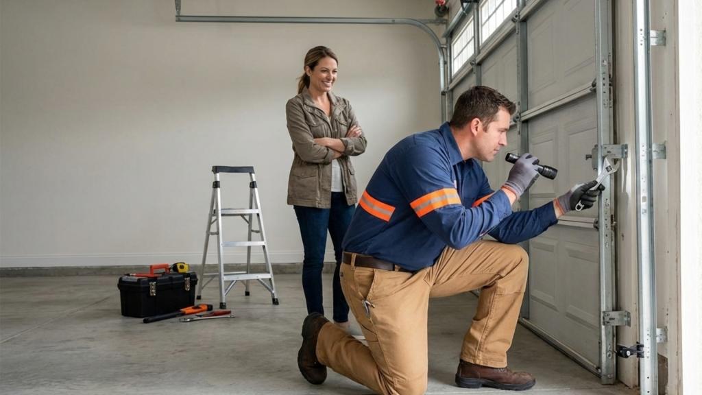 A certified technician in Omaha inspecting the garage door tracks