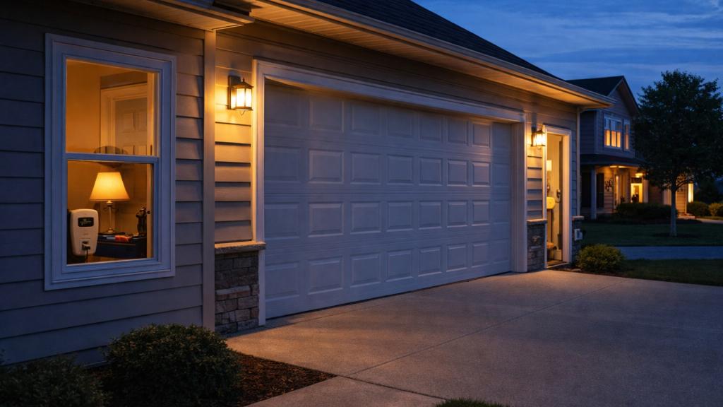 Residential garage door with outdoor lighting at night to improve home security