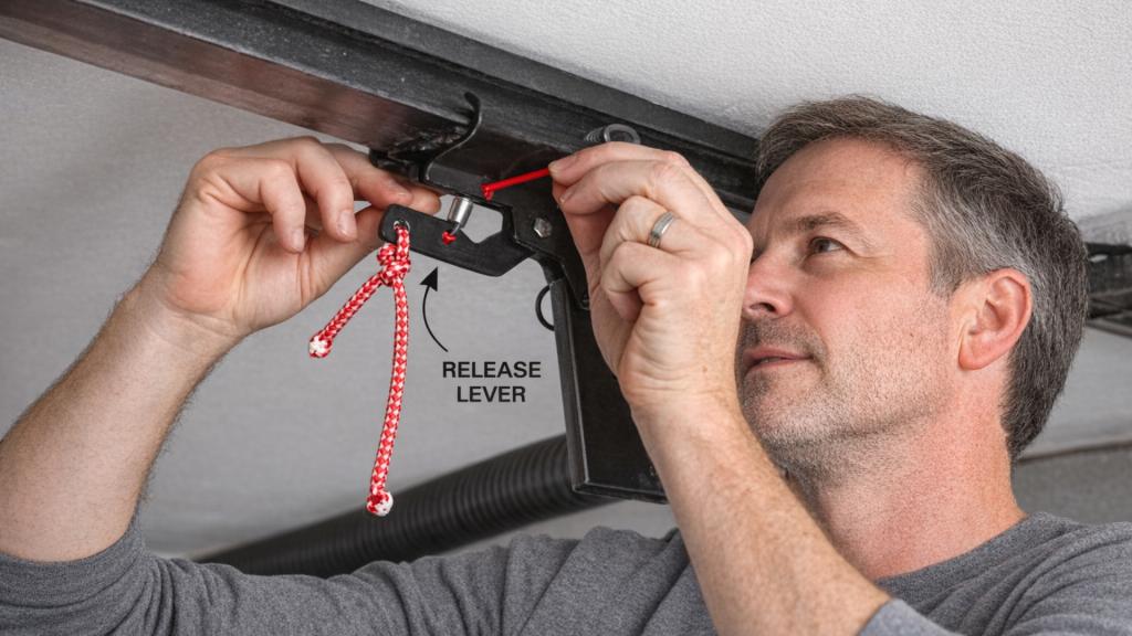 Homeowner securing the garage door opener emergency release lever for safety