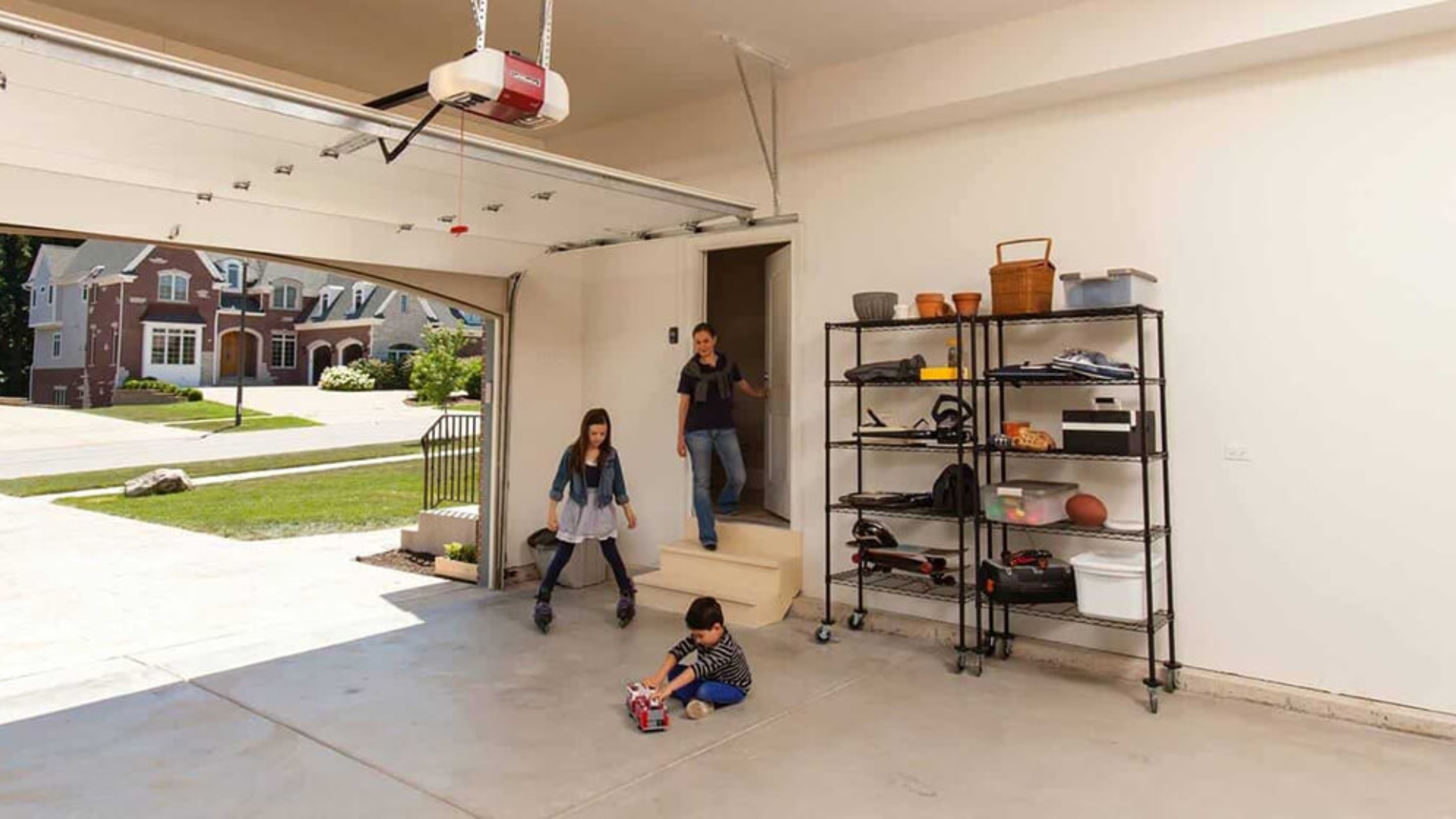 A family waiting for a garage door maintenance service
