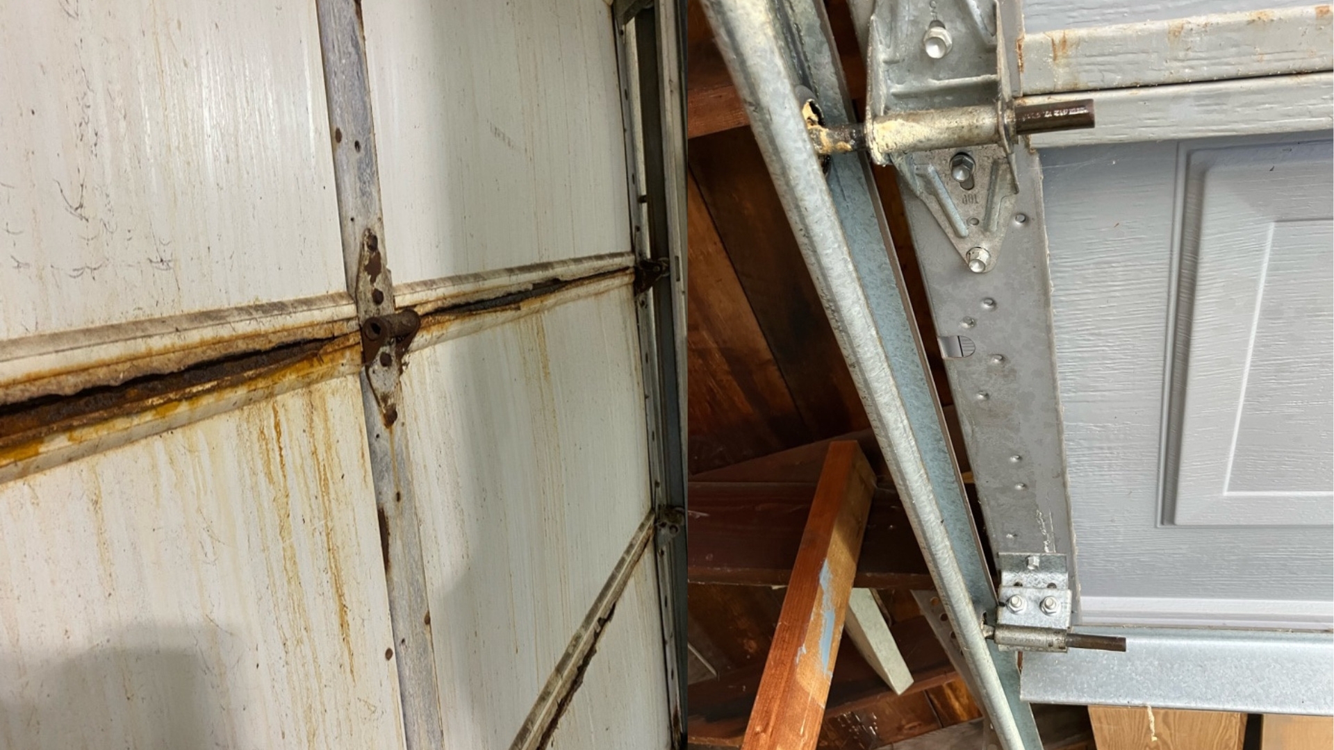Garage door hinges with rust and corrosion