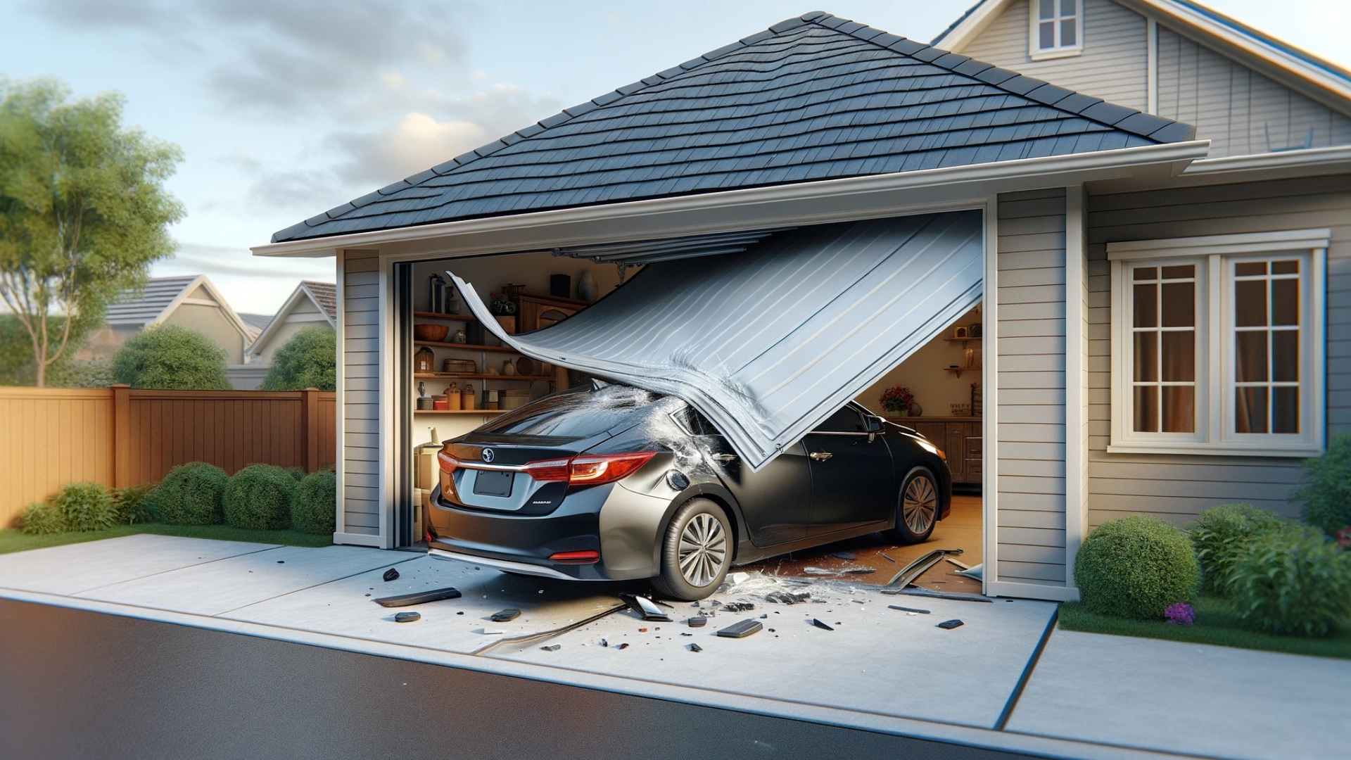A car hitting the garage door and damaging it