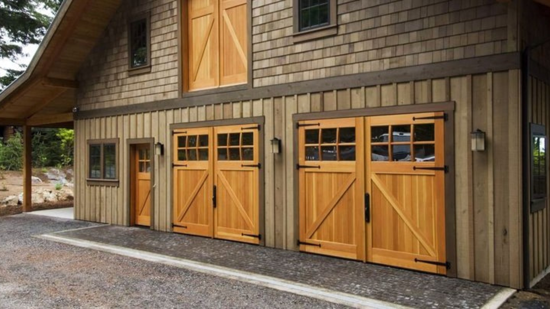 A home with cedar garage doors