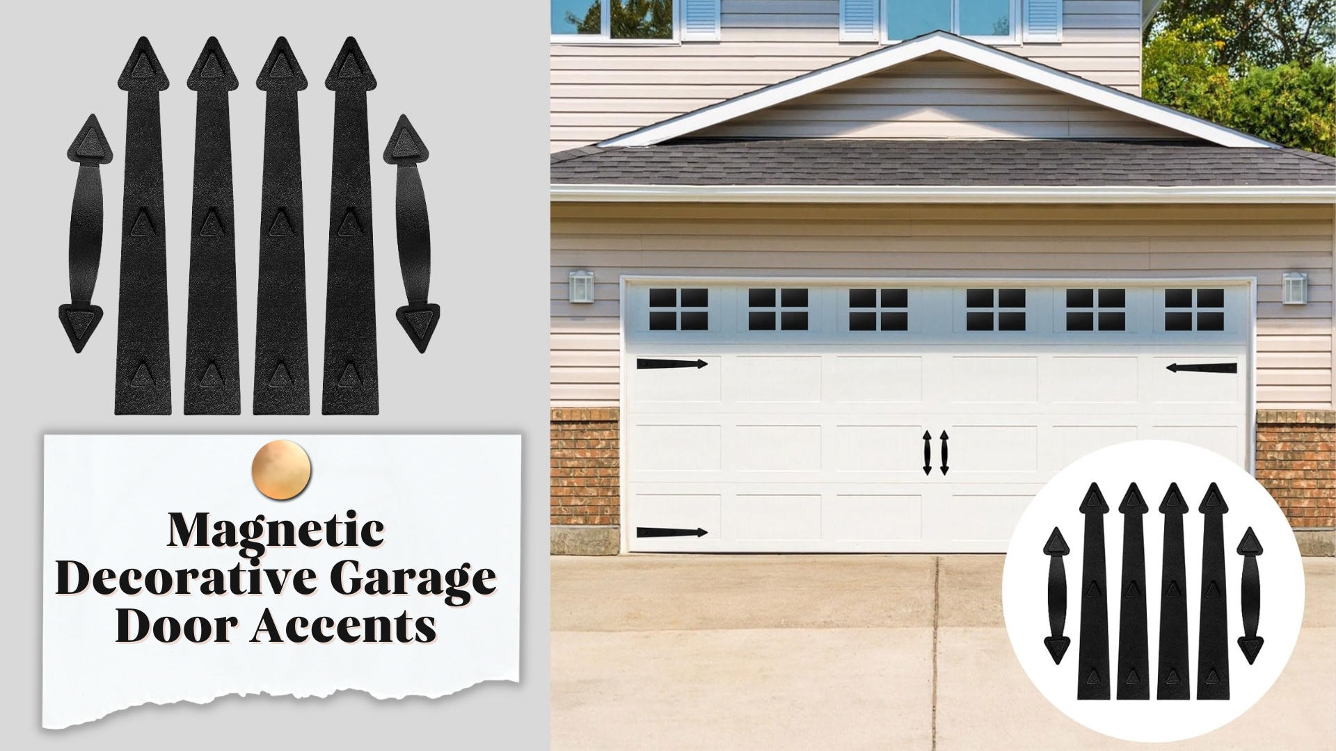 Magnetic decorative hardware installed in a residential garage door