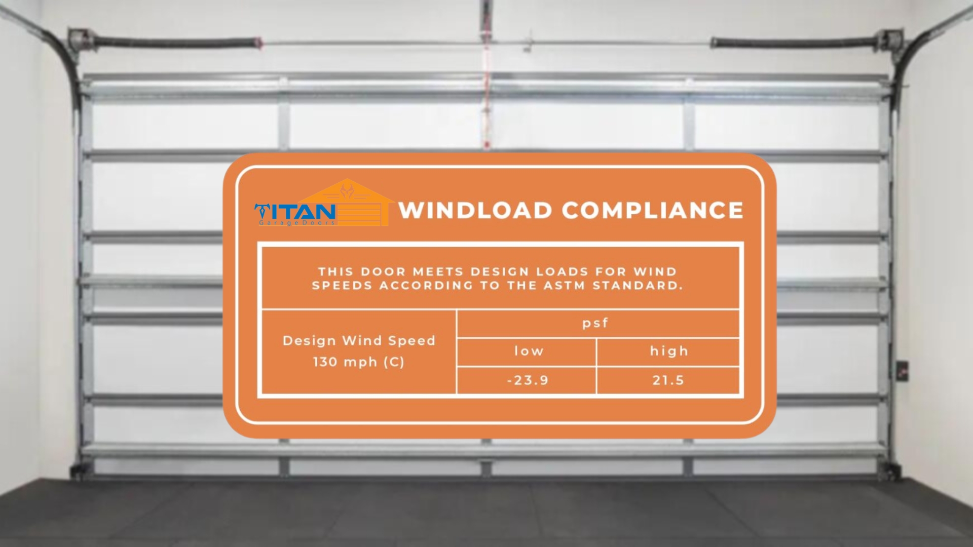 A garage door with a label indicating it passed a series of test for windload compliance