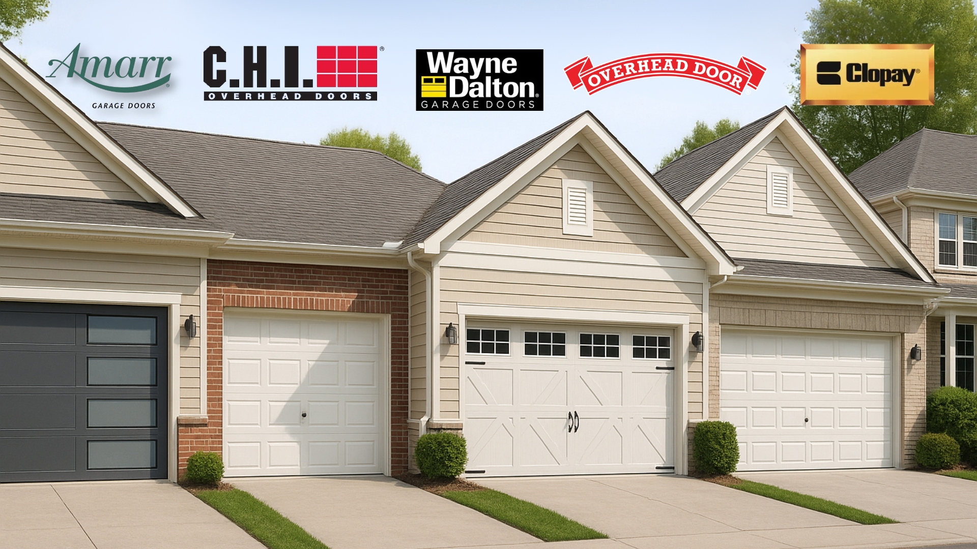 List of residential garage door brands including Amarr, C.H.I., Wayne Dalton, Overhead Door, and Clopay