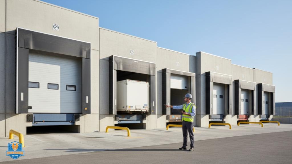 Technician inspecting a row of loading dock door installations at a commercial facility.