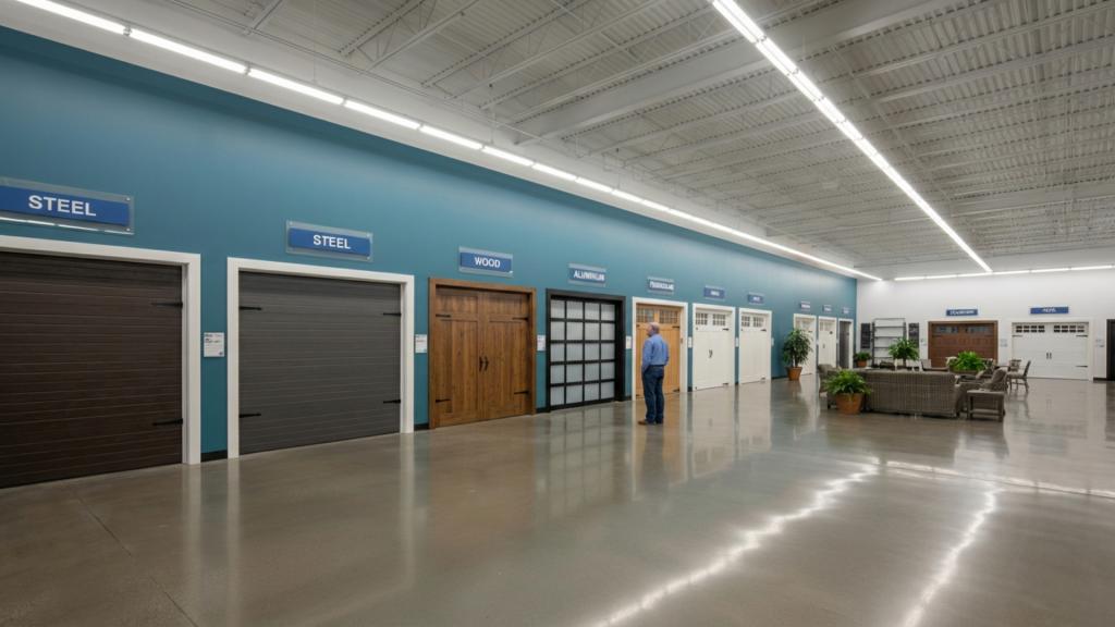 Garage door showroom highlighting best garage door material selections