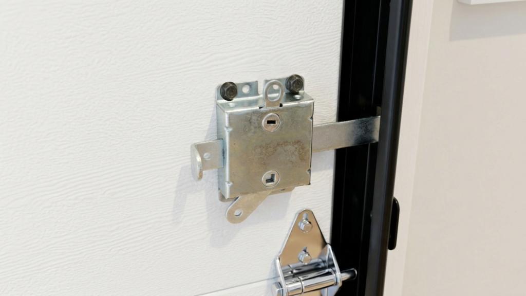 Garage door side lock mechanism installed on a residential garage door panel for added security and protection against forced entry.