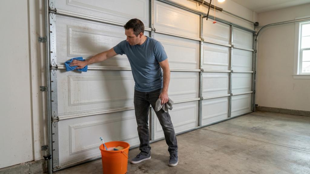 homeowner cleaning garage door panels as part of routine maintenance