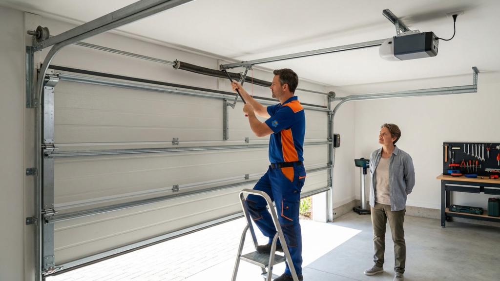 A technician inspecting and adjusting door components as part of a garage door maintenance checklist