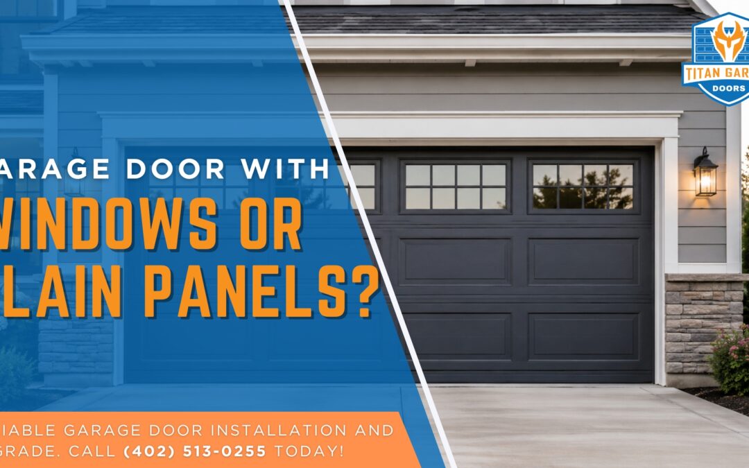 Comparison of garage door styles: windows vs plain panels on a suburban home exterior.
