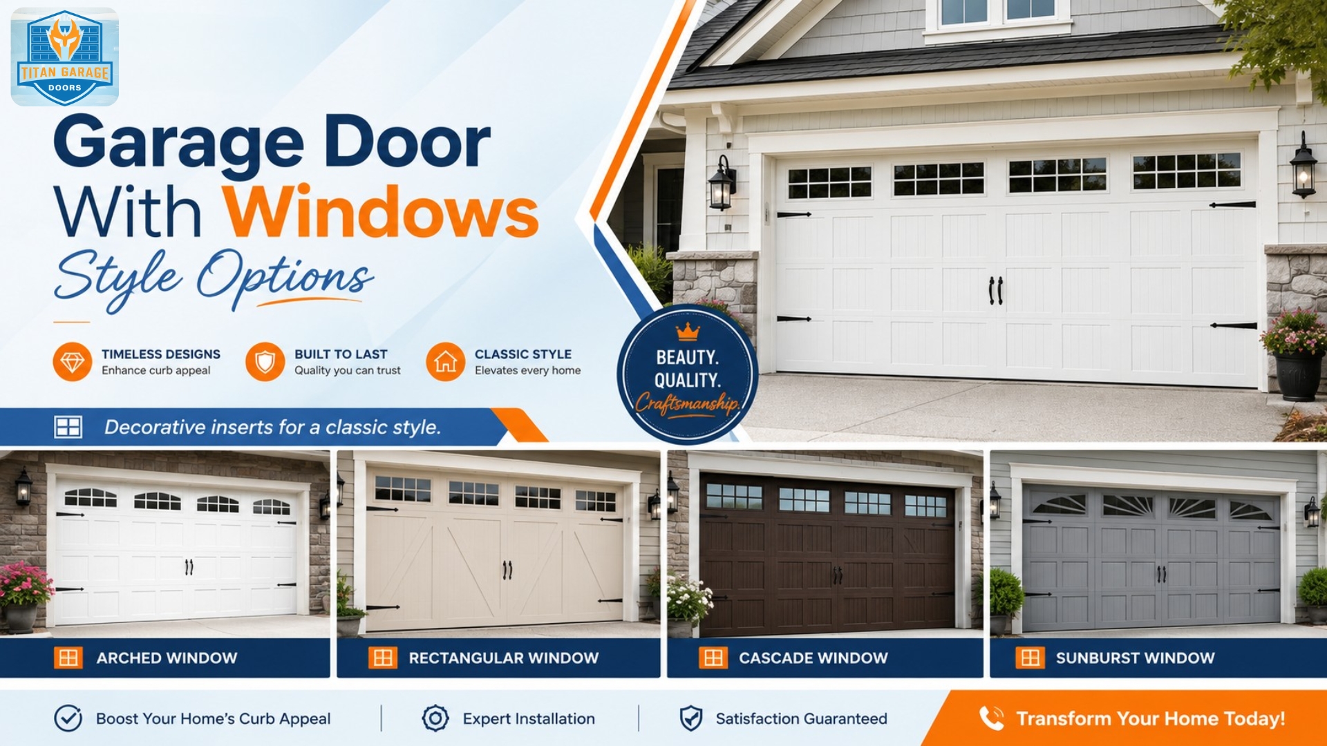 Garage door with windows style options infographic showing decorative garage door window designs for residential homes