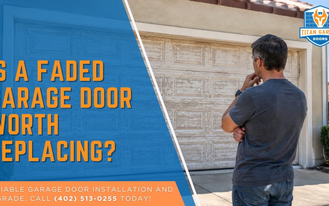 Homeowner looking at a faded garage door and considering whether it needs replacement