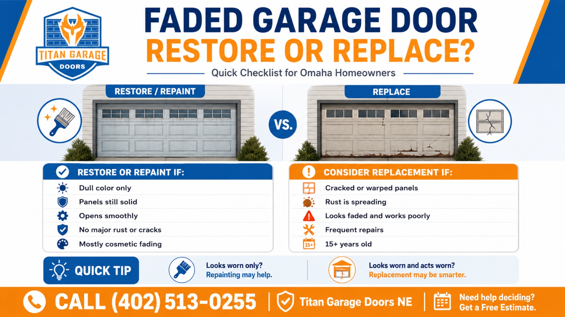 Infographic comparing a faded garage door that can be restored versus one that should be replaced, highlighting key signs for each option.