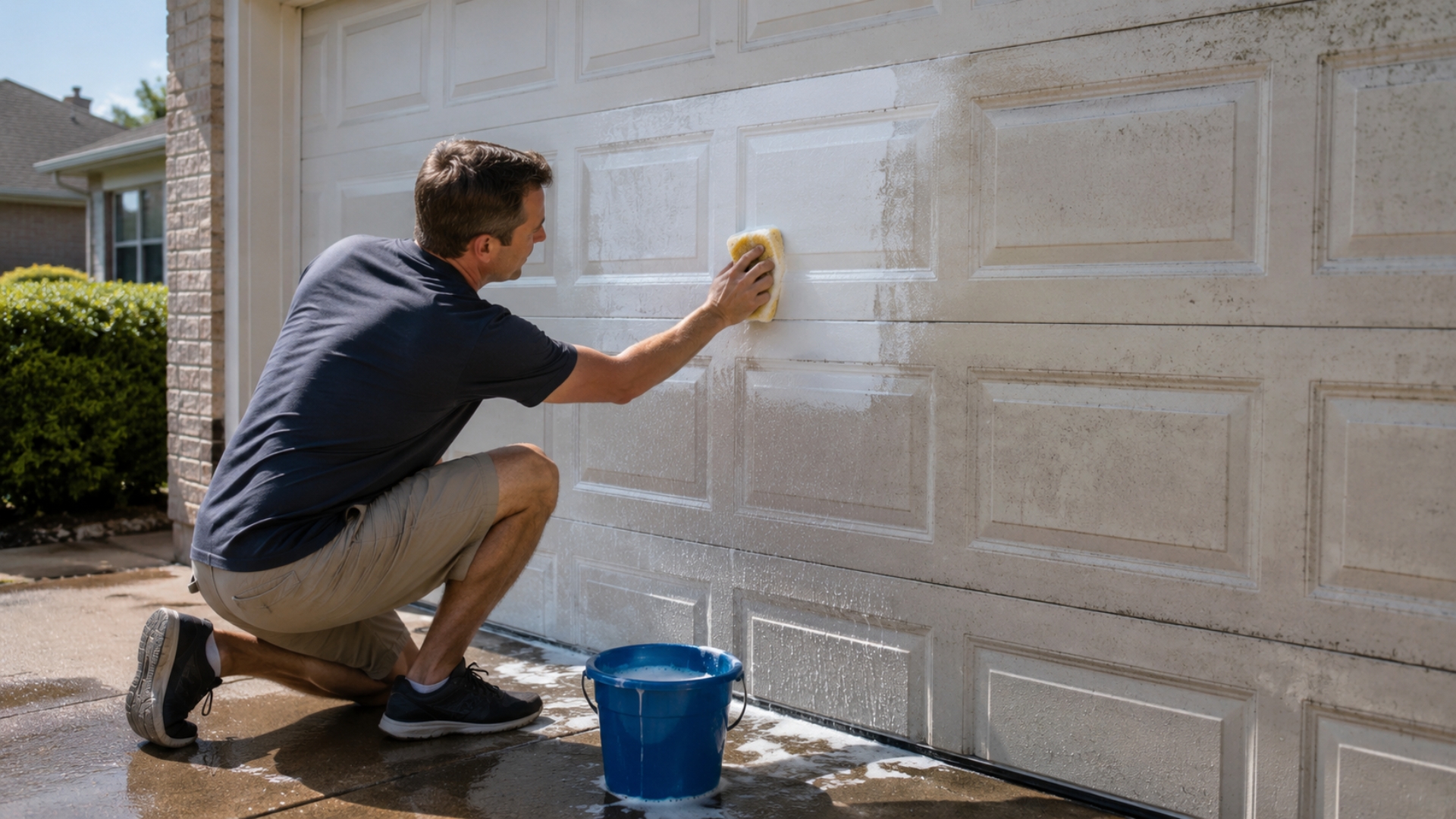 A man cleaning a faded white garage door with a yellow sponge and bucket of soapy water, removing dirt and grime from the surface.