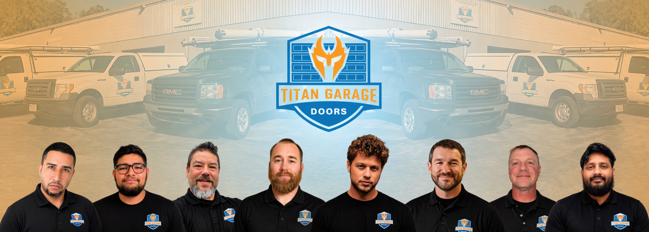 Team of professional garage door technicians from Titan Garage Doors NE standing in front of branded service trucks and warehouse building