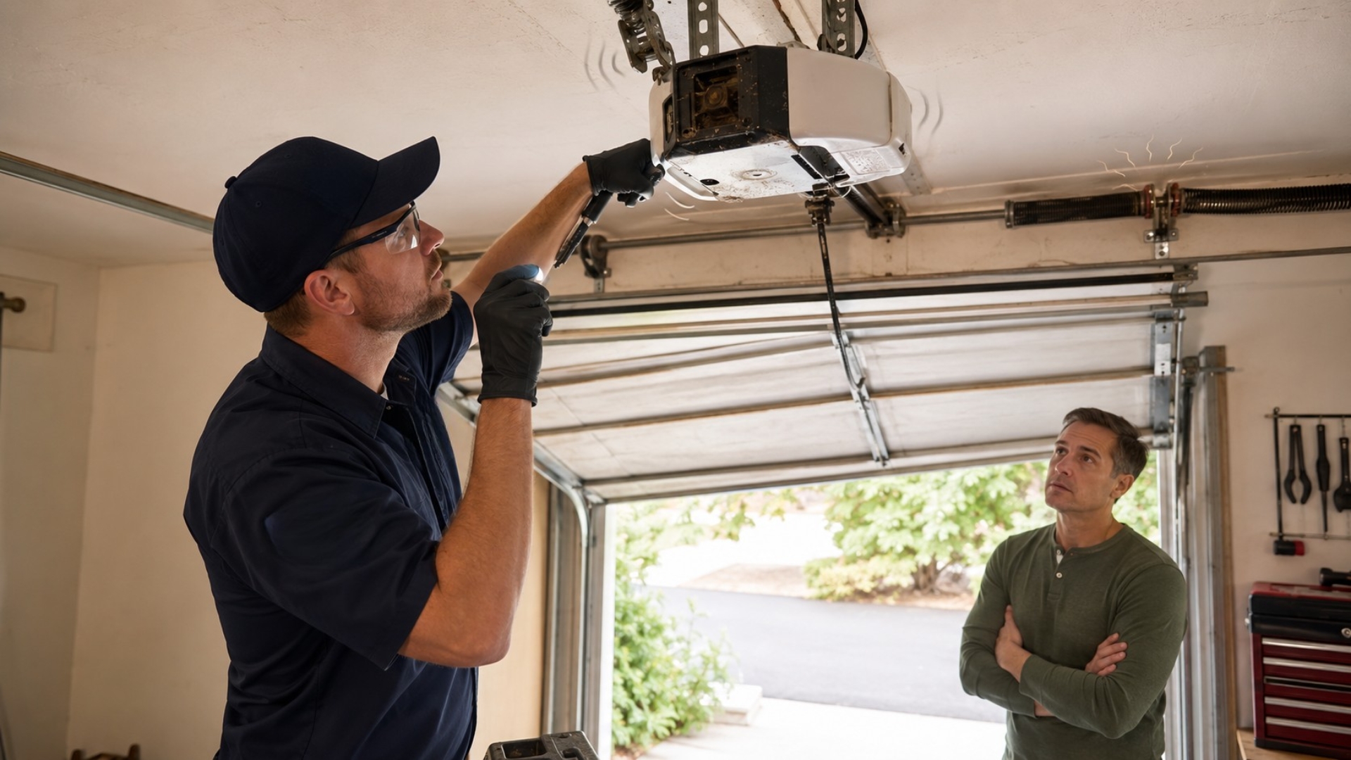 A technician in uniform repairs a garage door opener with a tool while a man in casual clothes stands nearby, arms crossed, watching the work. The garage door is open, letting in daylight as they discuss quiet opener tips.