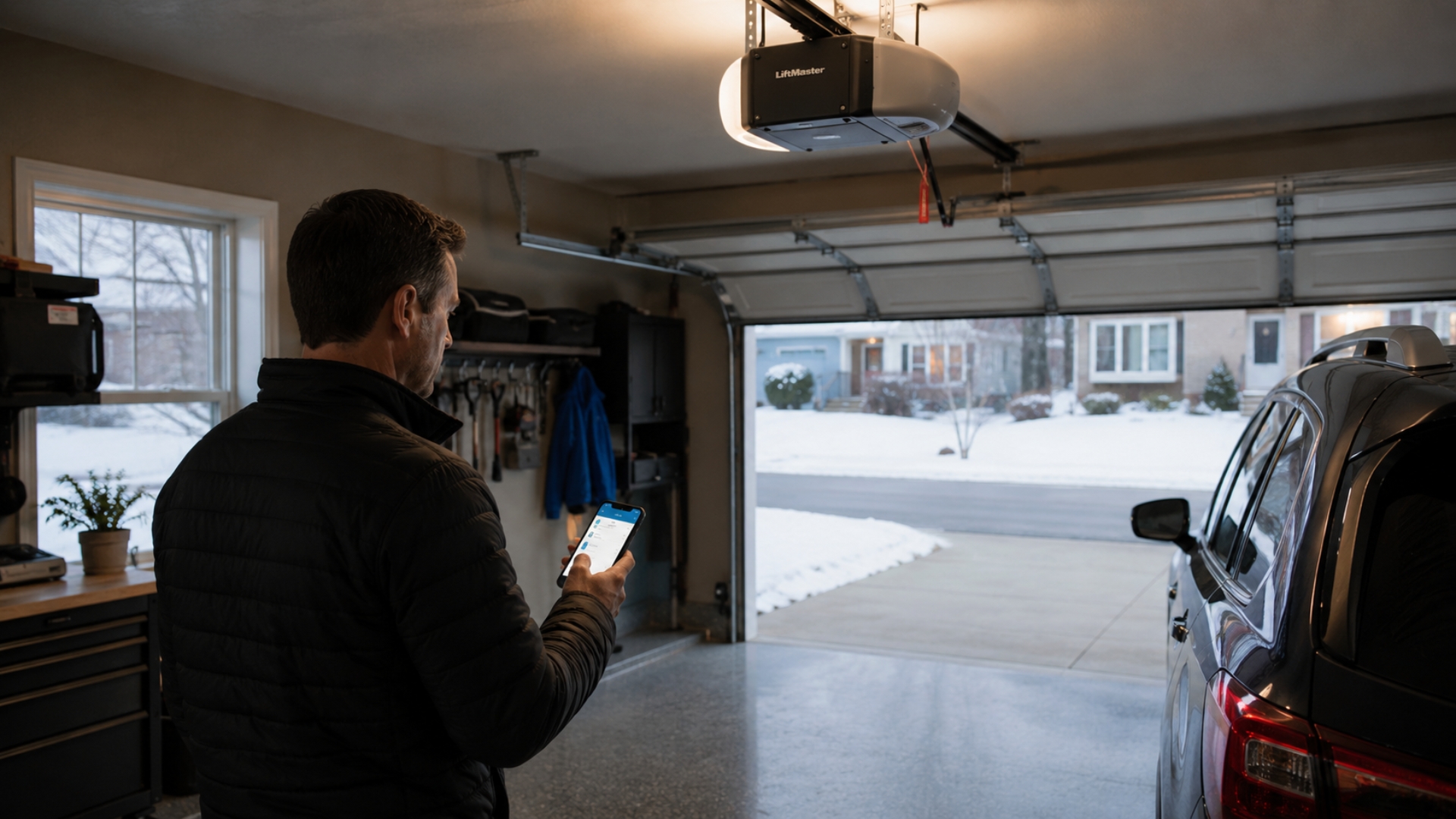 Homeowner checking smart garage opener cost on a phone while the garage door opens to a snowy driveway