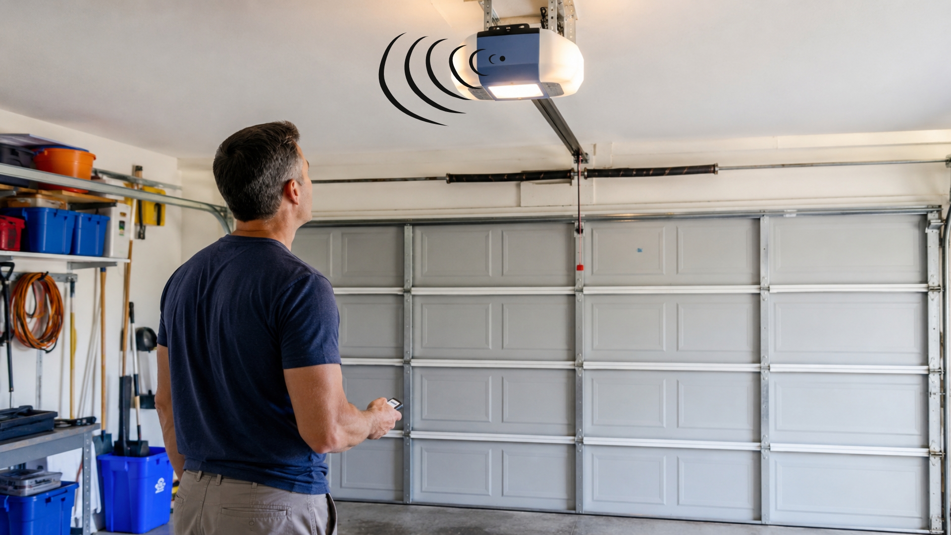 Homeowner checking a garage door opener that hums inside a residential garage.