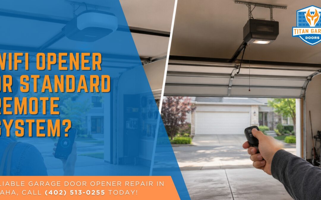 WiFi garage door opener comparison showing smartphone control versus a traditional remote-operated garage door system in a residential garage.