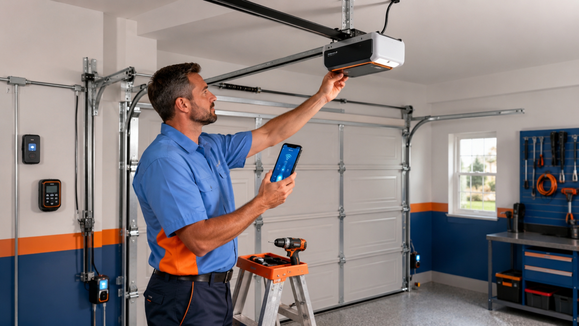 WiFi garage door opener installation showing a technician setting up smart controls and mobile connectivity for a residential garage door system.
