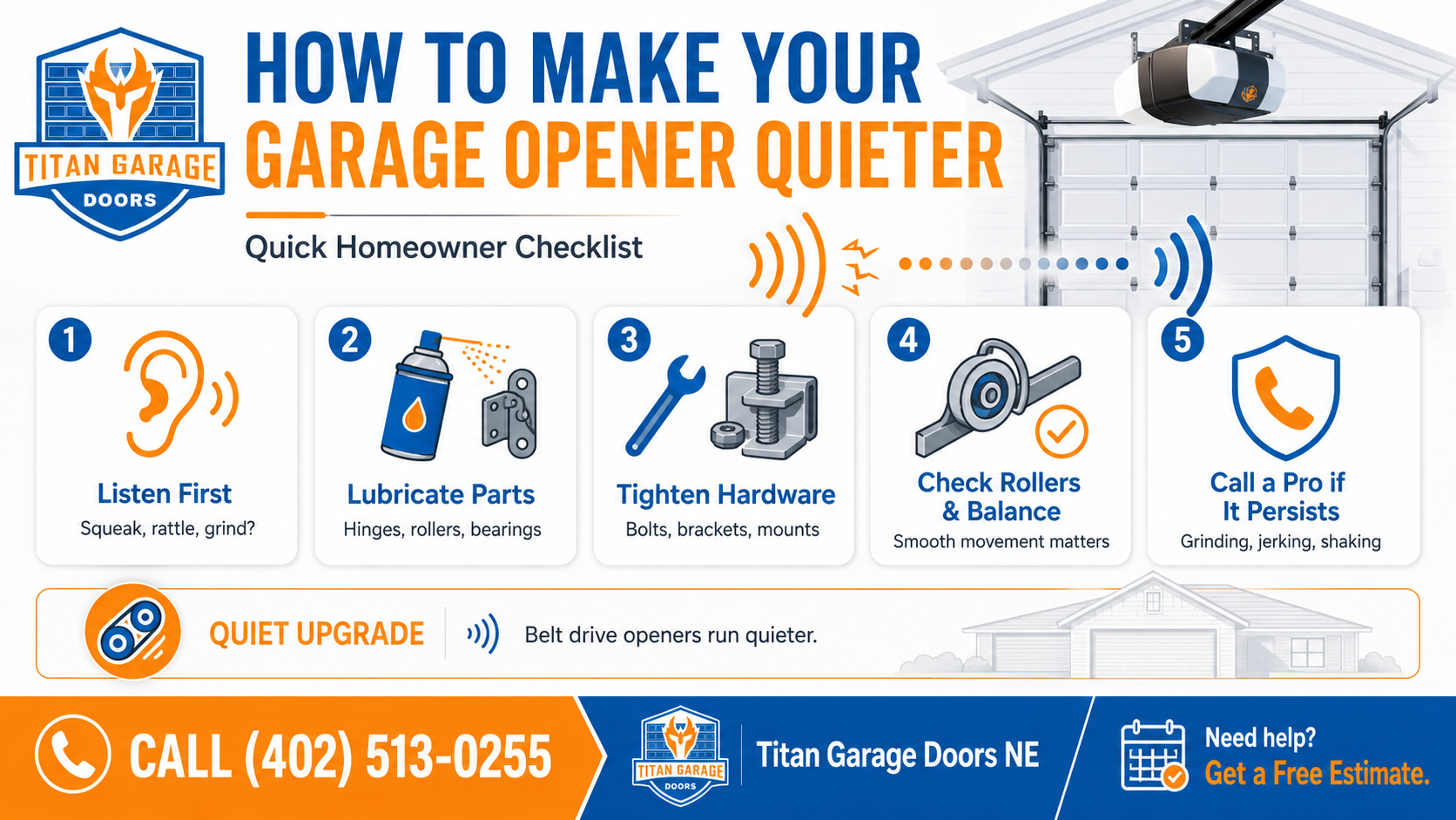 Homeowner checklist explaining how to make a garage opener quieter by listening for noise, lubricating parts, tightening hardware, checking rollers, and calling a pro if noise continues
