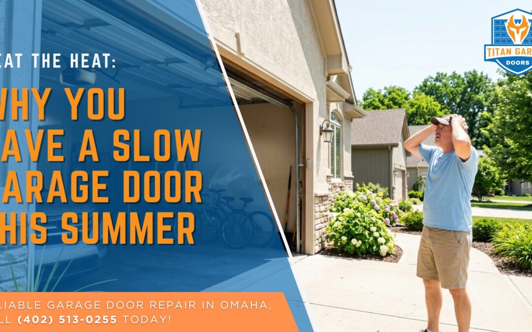 Frustrated homeowner looking at a slow garage door during hot summer weather in Nebraska.
