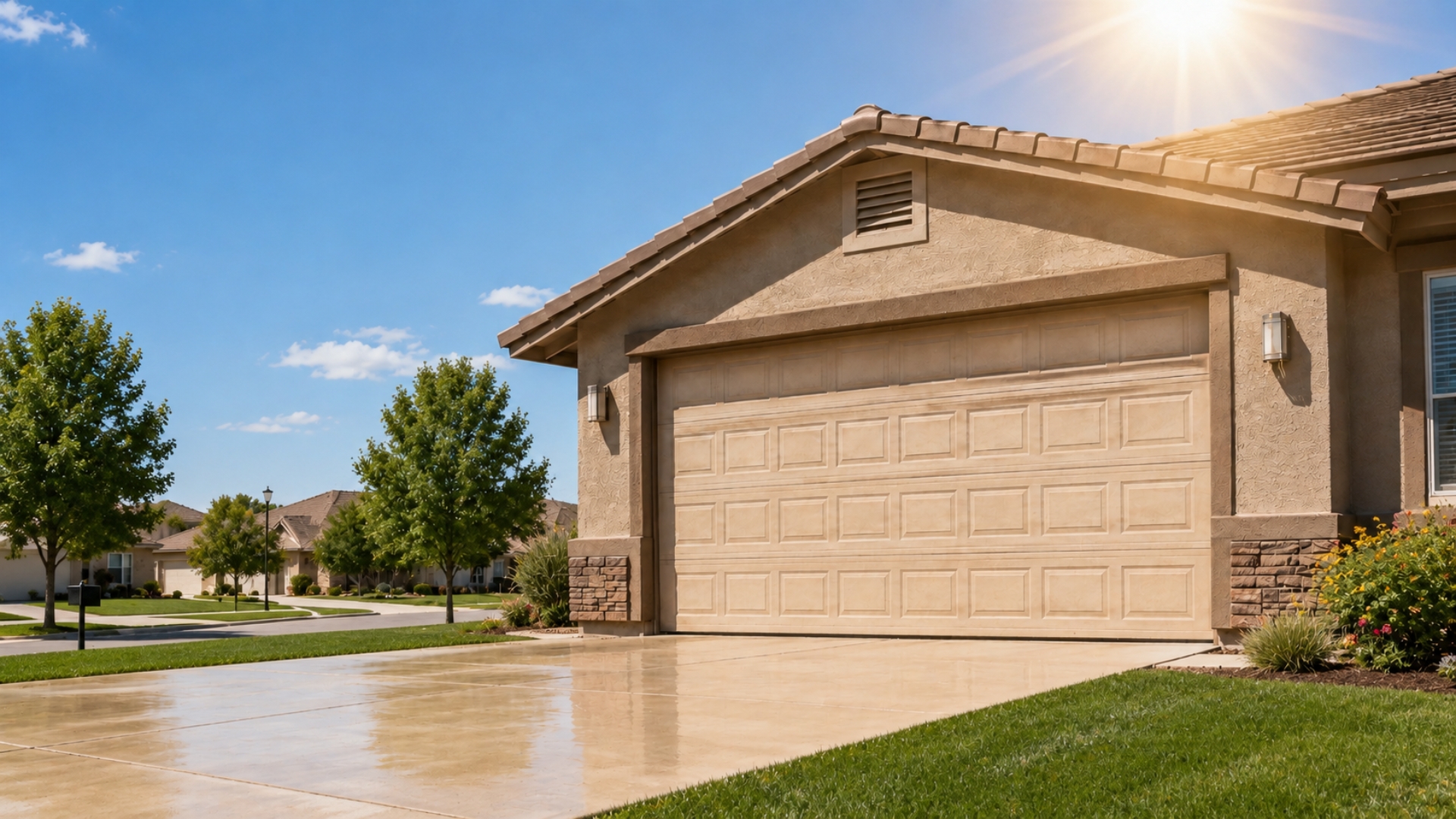 Residential garage door exposed to extreme heat, illustrating why summer garage door care helps protect the door from sun and weather damage.