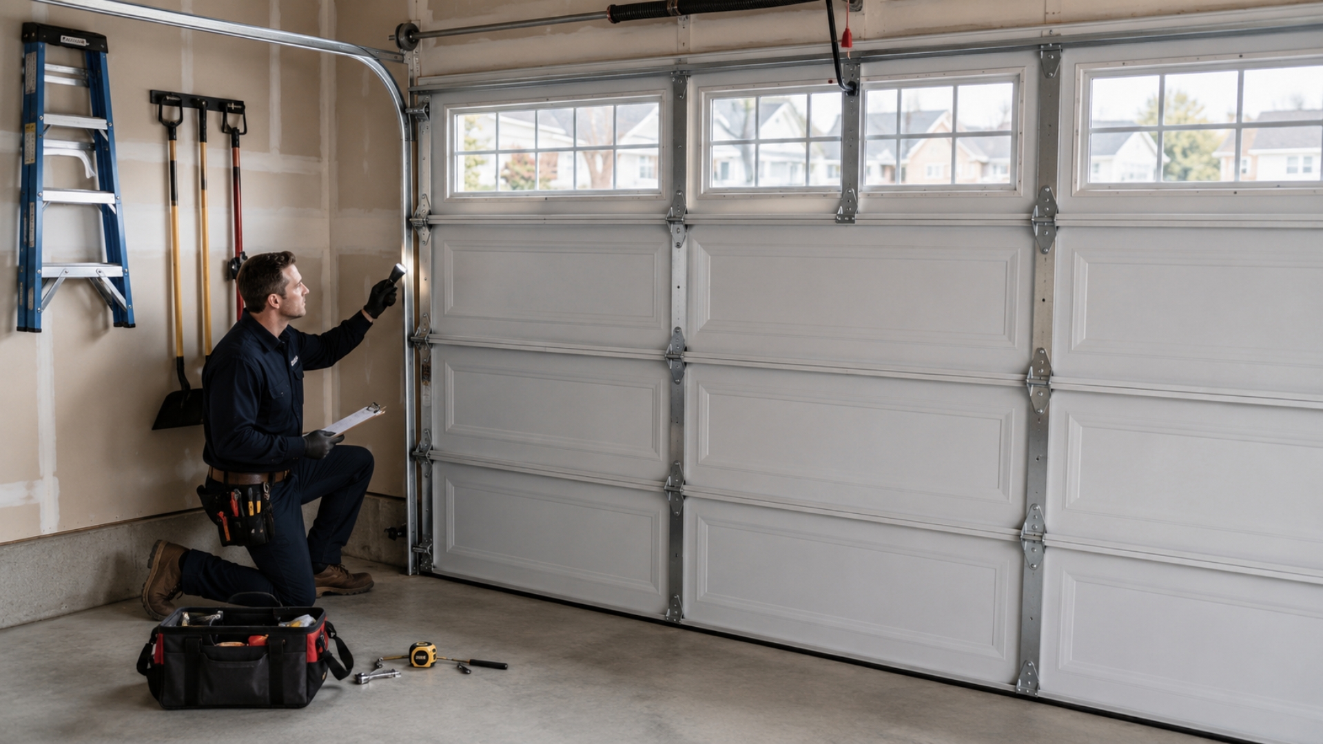 A service technician inspects a residential overhead tracking system to determine the total garage roller replacement cost for the homeowner.