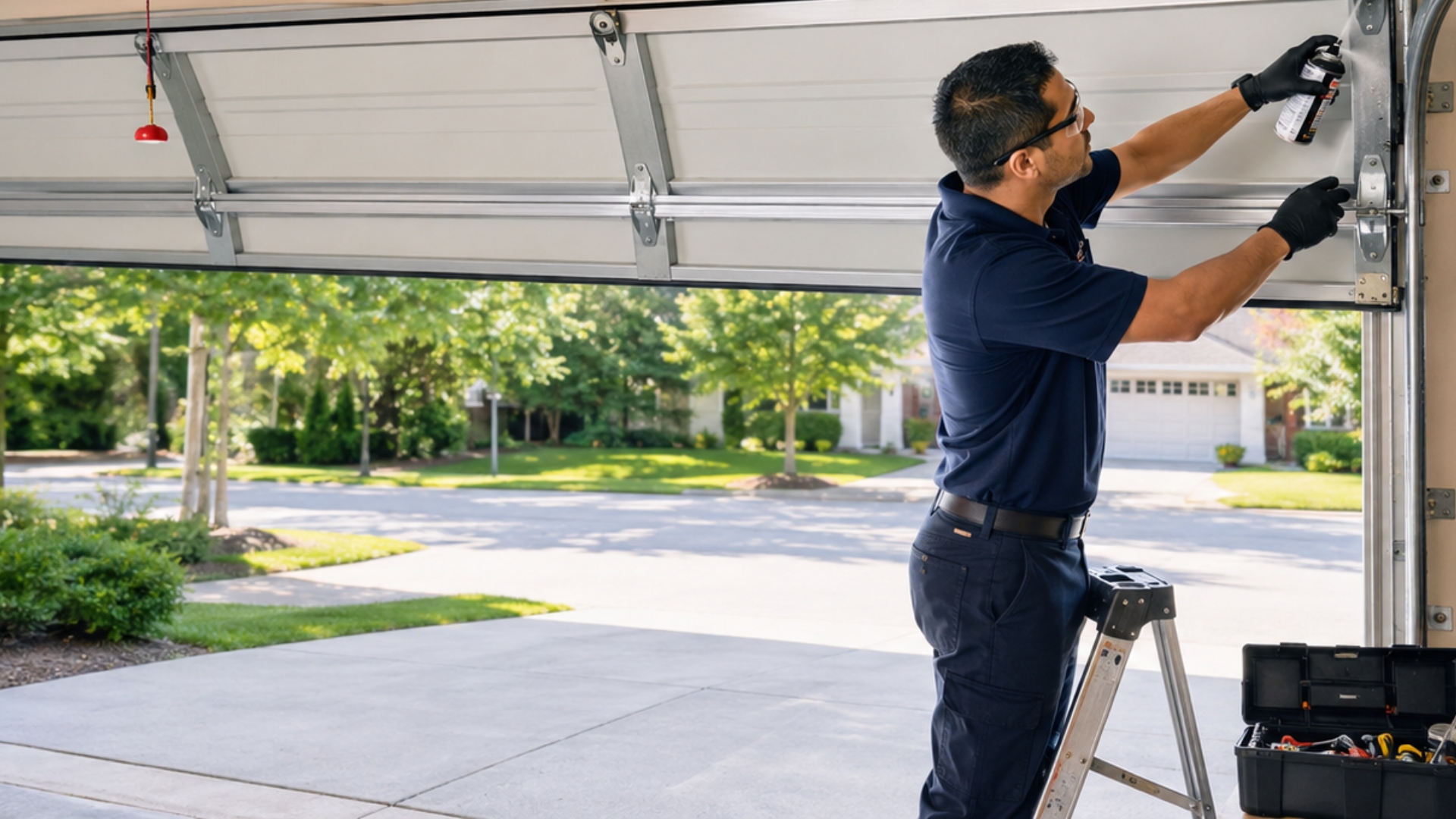 Technician performing garage door lubrication maintenance on a residential garage door track and hardware system.