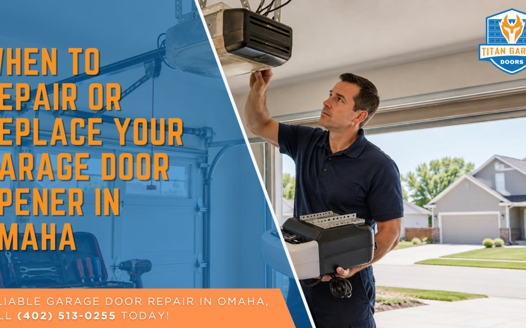 Garage door technician inspecting an opener for repair or replacement in Omaha