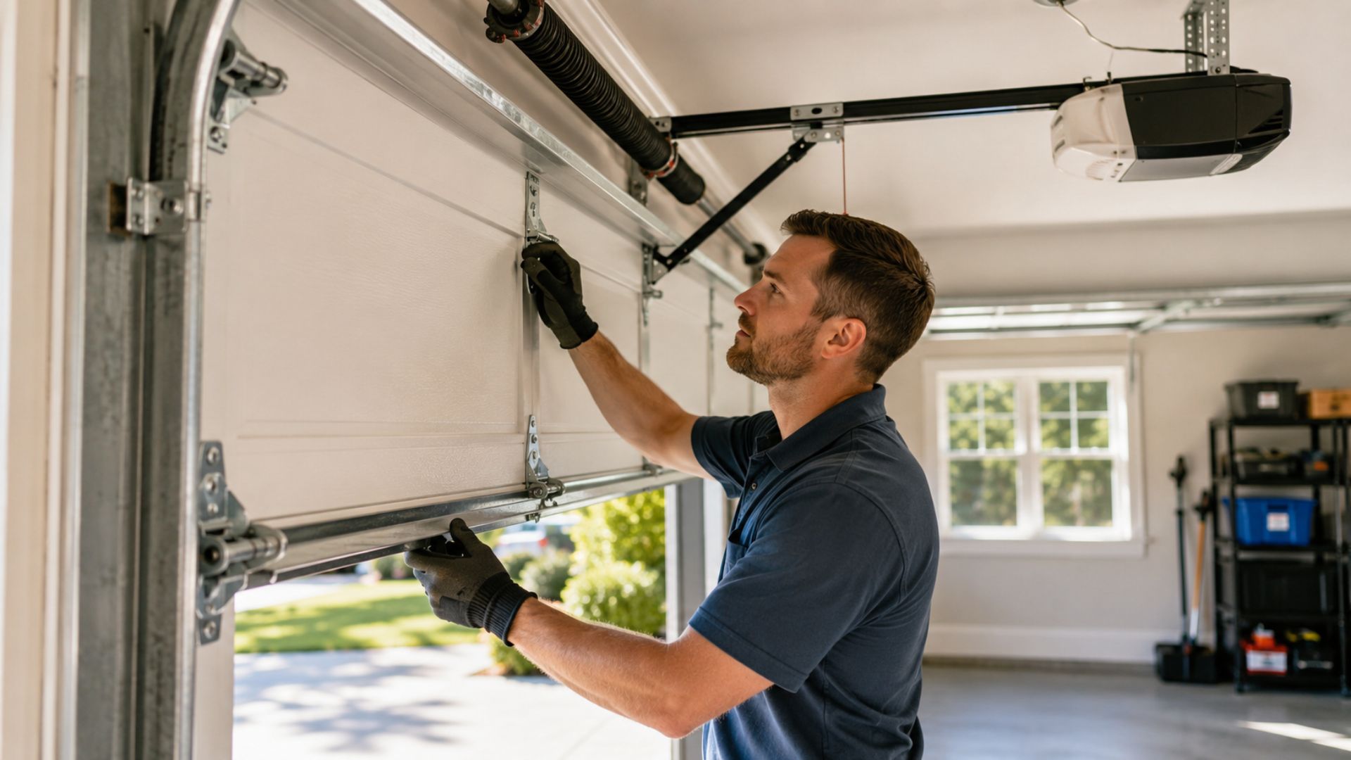 Garage door technician inspecting a partially open residential door before deciding whether to repair or replace opener