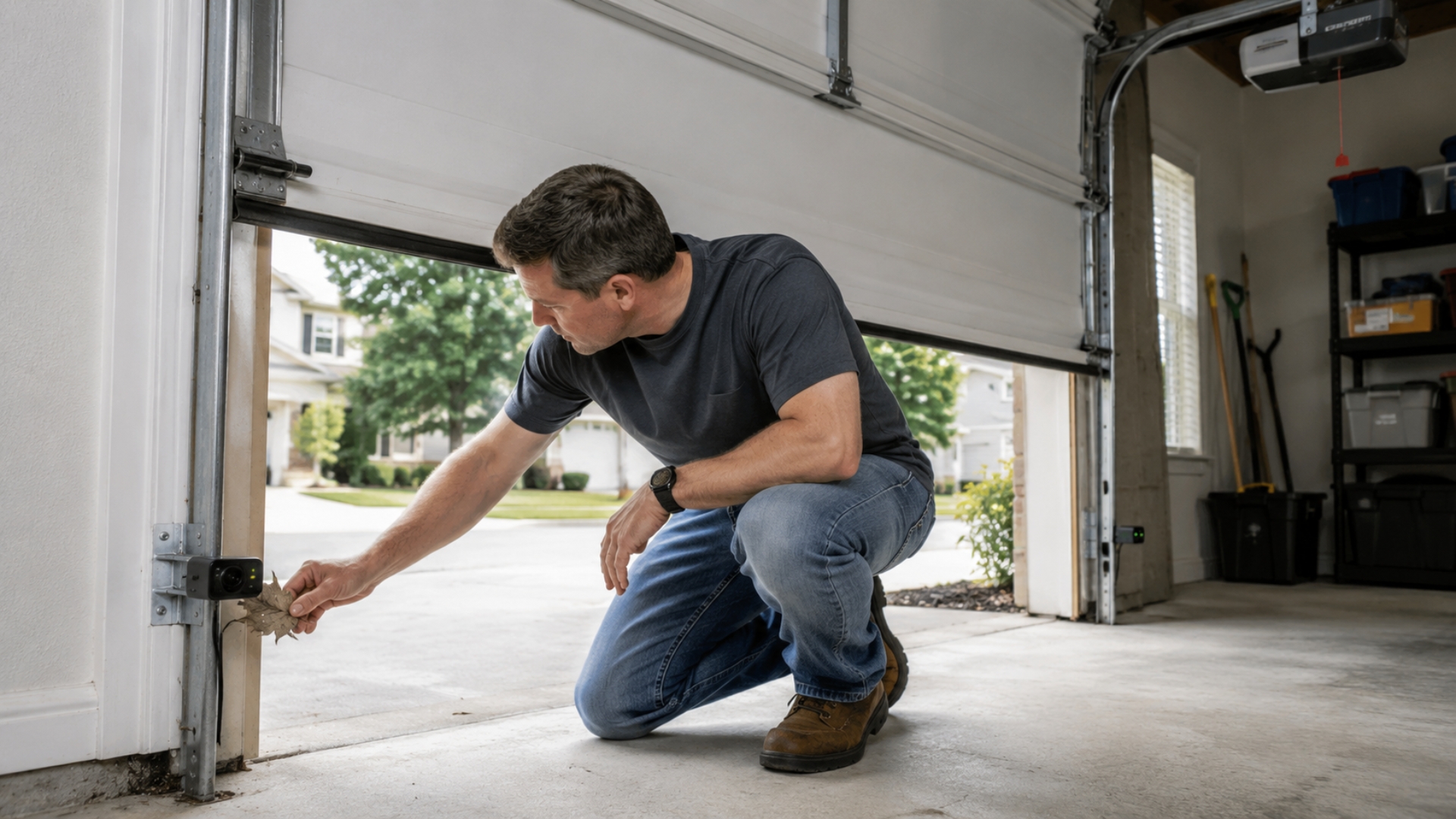 A homeowner inspects and clears debris from the garage door safety sensor near the bottom track while troubleshooting a door that keeps reversing instead of closing.