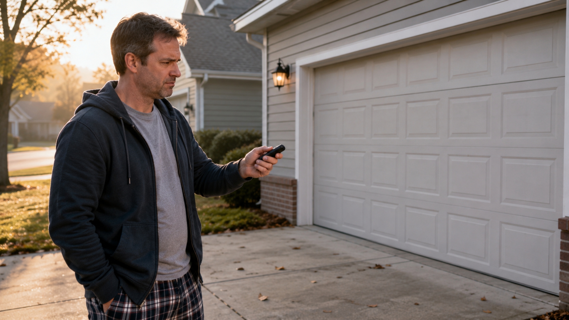 A homeowner checking a garage door remote issue in front of a closed garage door