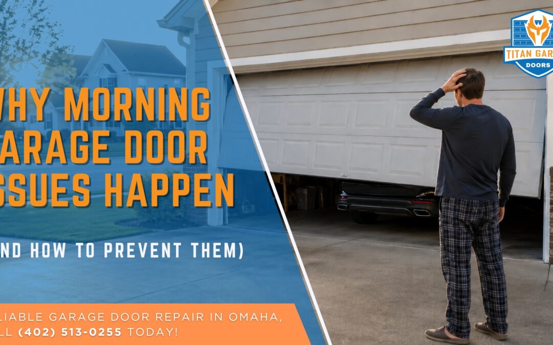 Man facing a garage door stuck halfway open, illustrating common morning garage door issues