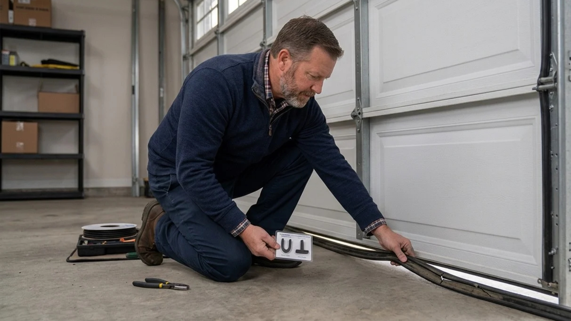 A homeowner trying to replace a worn bottom weather seal on a white sectional garage door.