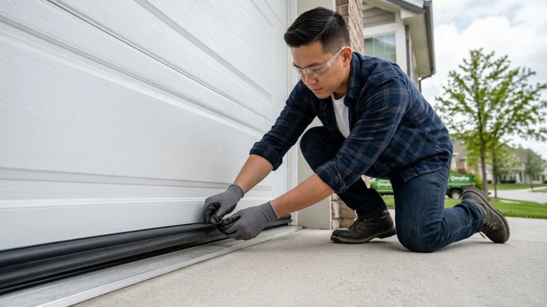 A homeowner wearing safety glasses and gloves installs a bottom weatherstrip to help seal garage door gaps along the floor.
