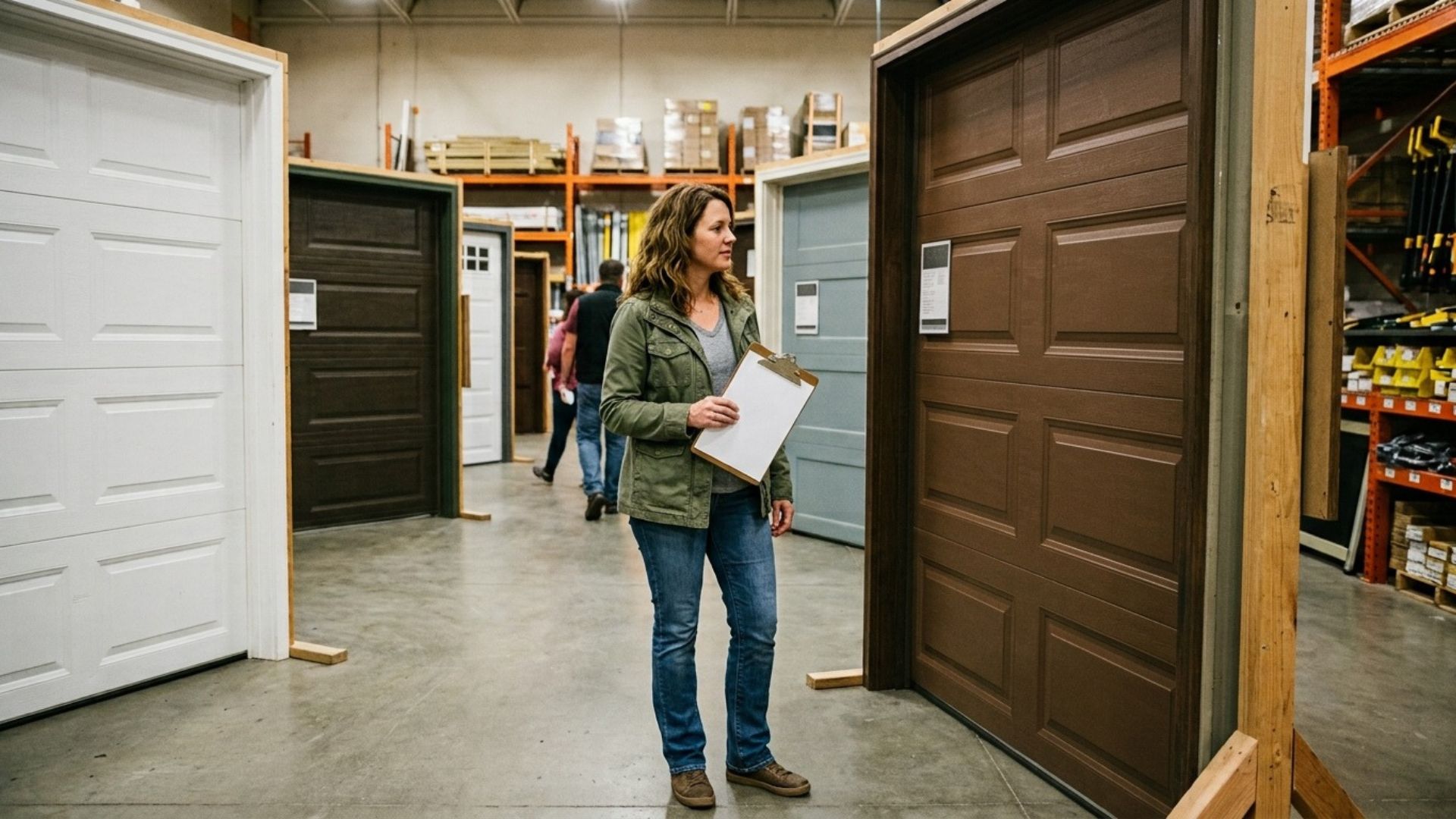 Homeowner comparing insulated vs non-insulated garage door options in a showroom