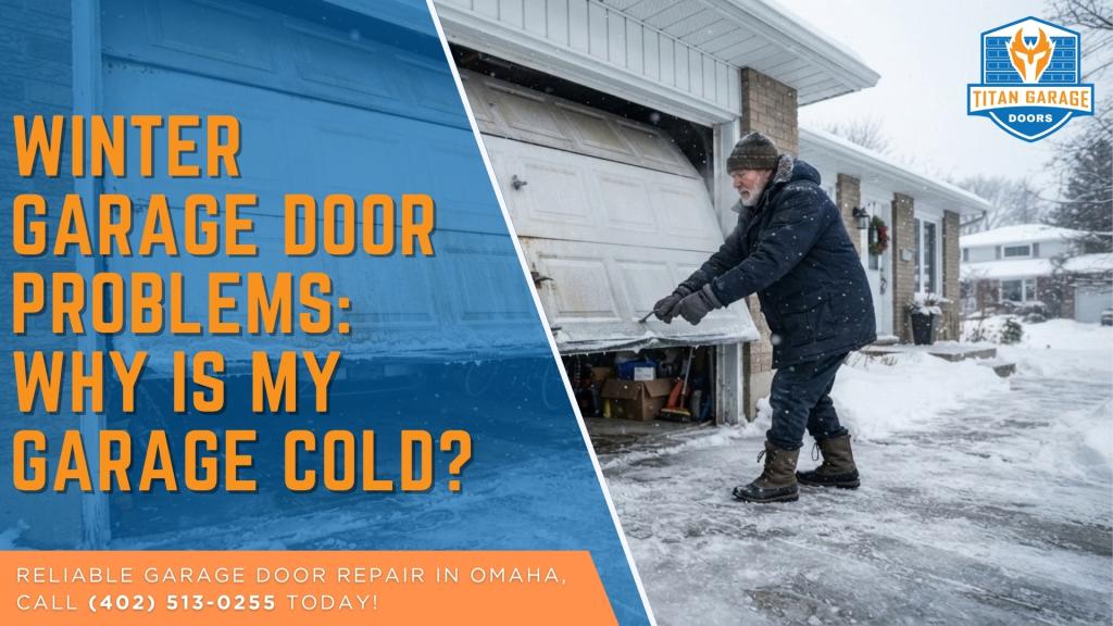 Homeowner opening a snowy garage door for a winter garage door problem guide in Omaha.