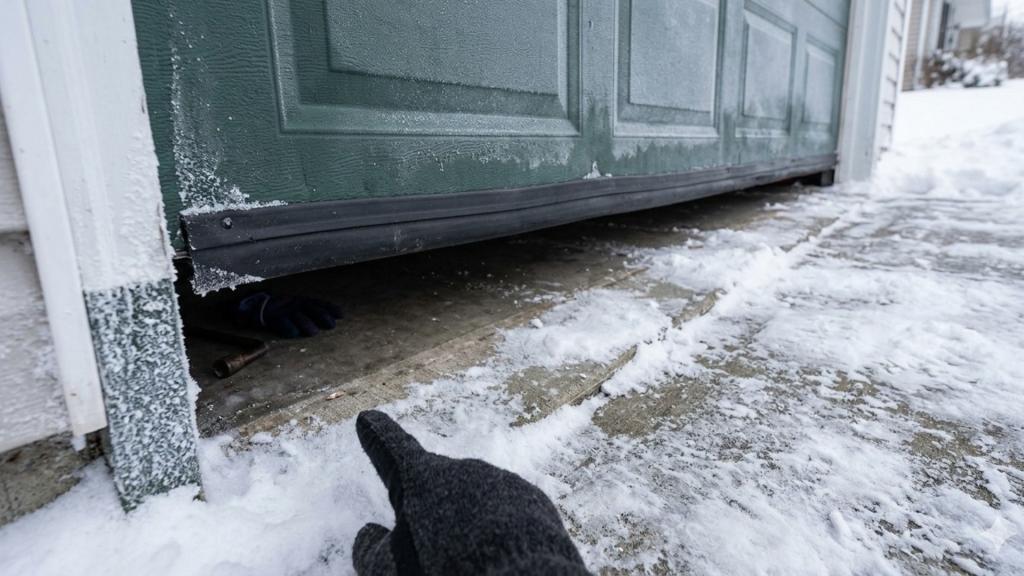 Gloved hand pointing to a winter garage door problem with a gap under the door and snow on the driveway.
