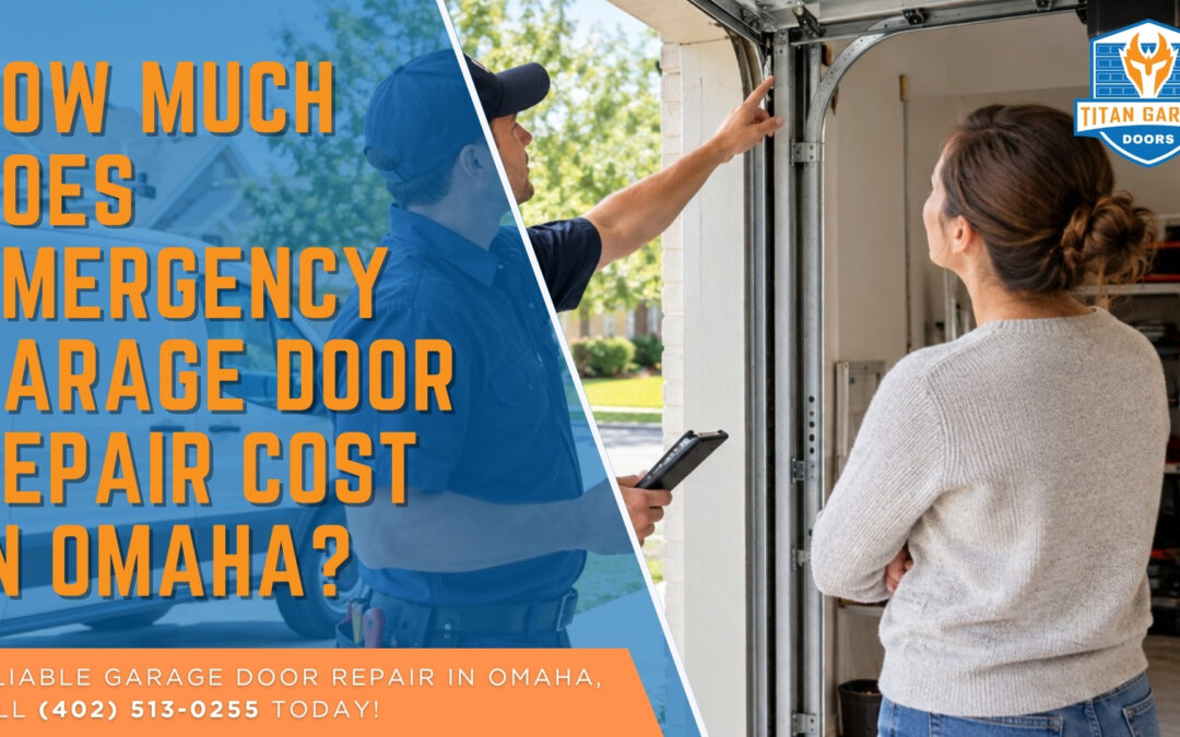 Emergency garage door repair cost in Omaha featured image showing a technician inspecting a garage door with a homeowner.