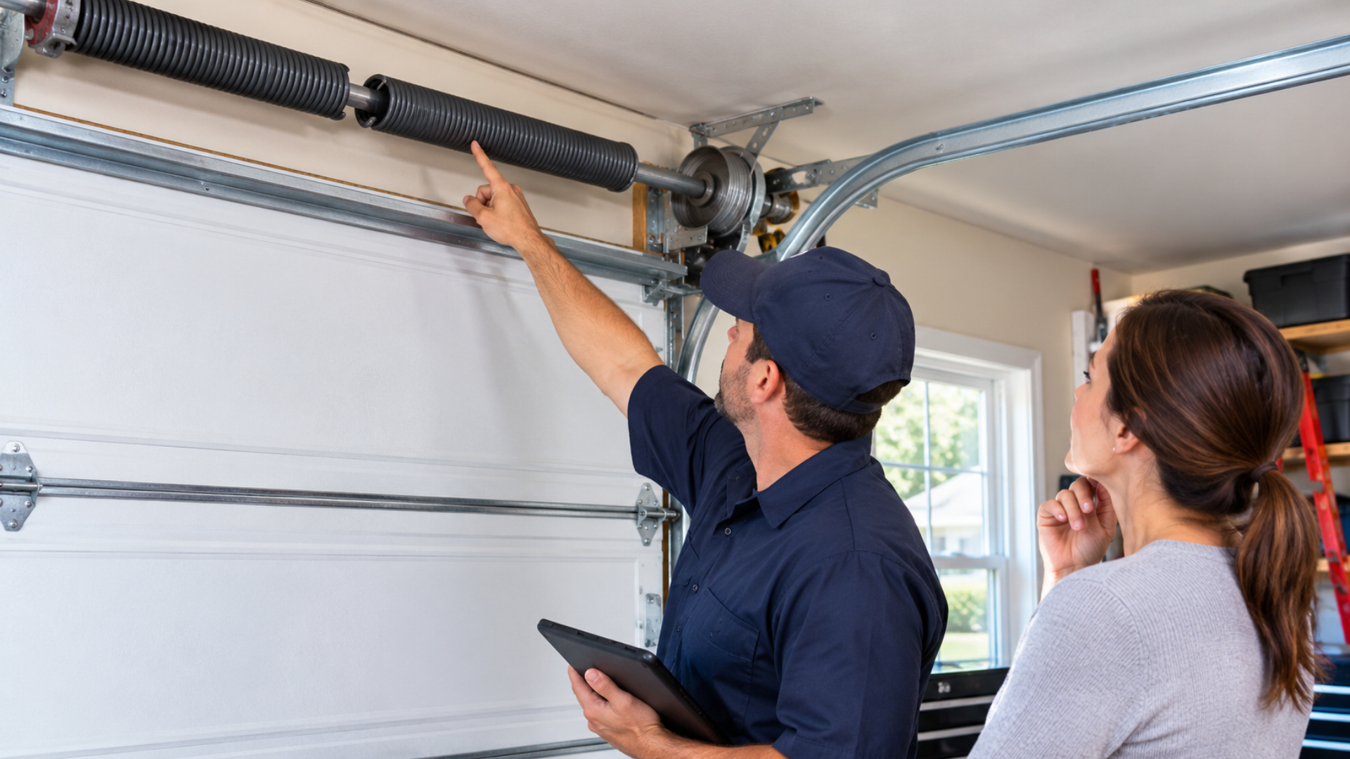 Garage door technician showing a homeowner a broken torsion spring during an emergency garage door repair inspection.