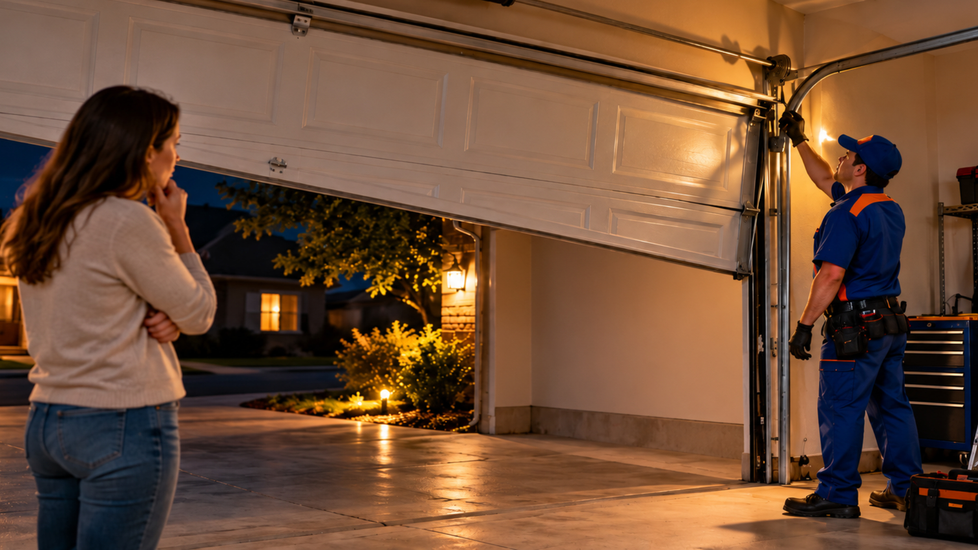 Garage door repair technician inspecting a partially open garage door at night while a homeowner watches.
