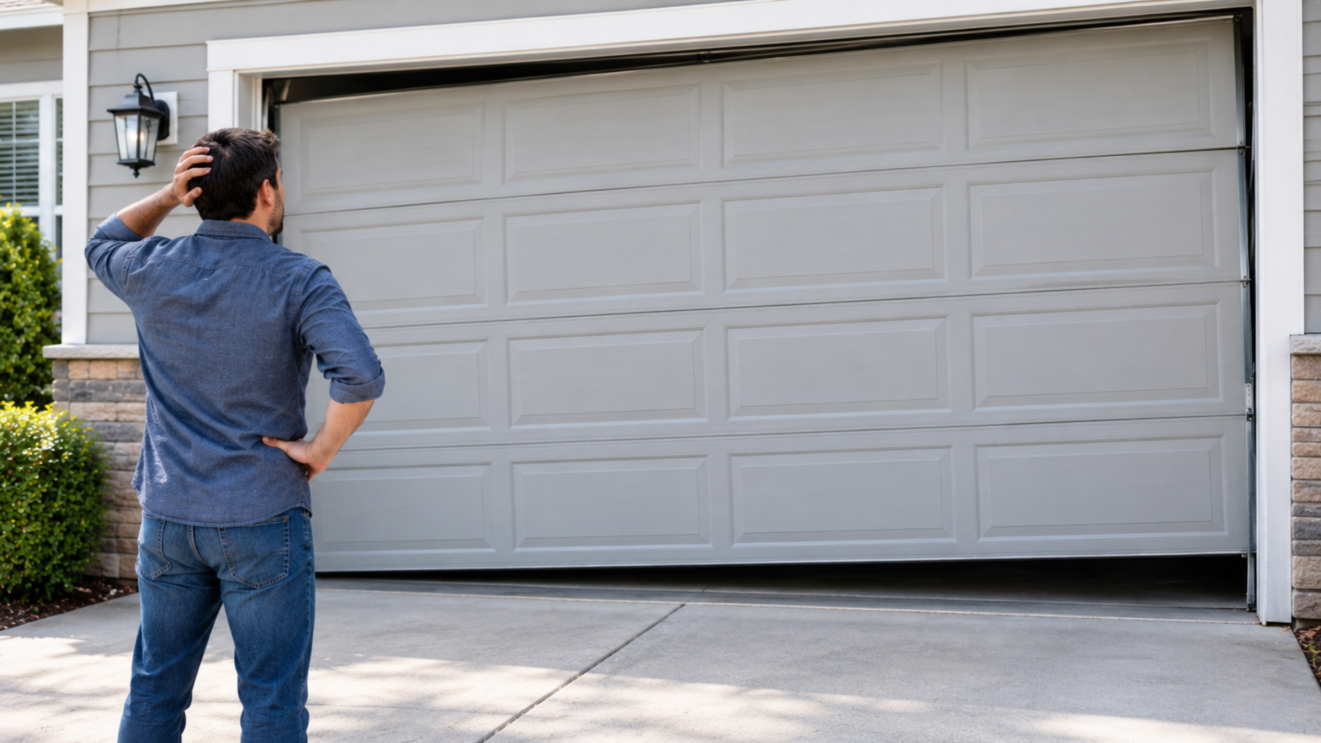 A homeowner looking at a garage door jammed shut and sitting unevenly in the driveway.
