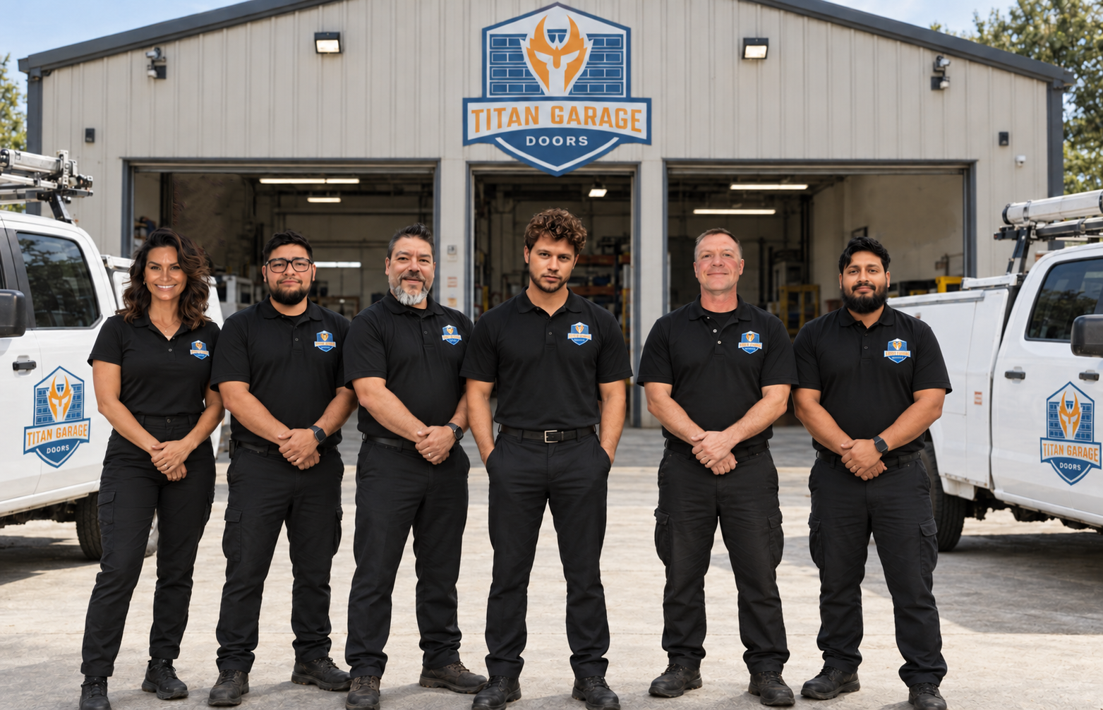 Team of professional garage door technicians from Titan Garage Doors Nebraska standing in front of branded service trucks and warehouse building